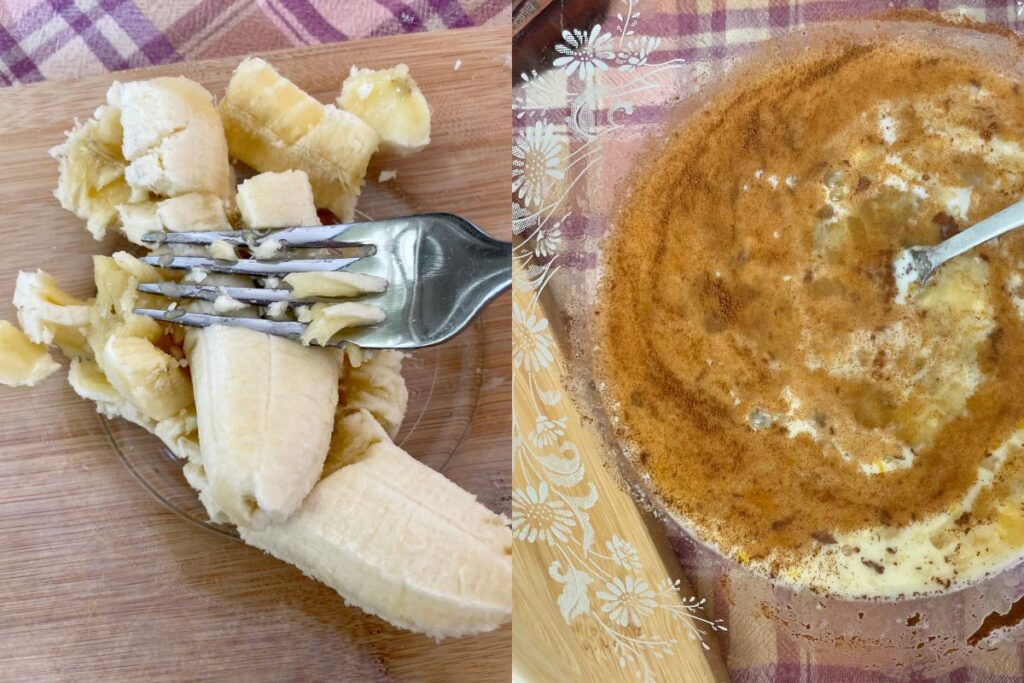 banana being mashed with fork and wet ingredients in a bowl