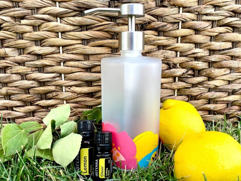 glass foaming hand soap dispenser with essential oils and lemons