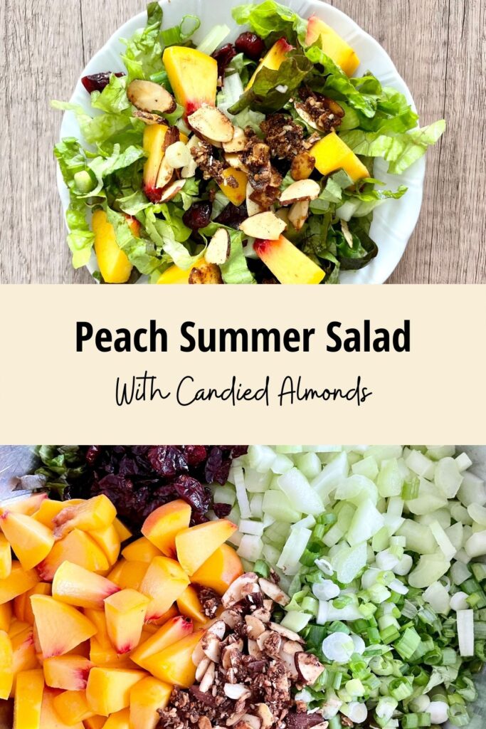 Peach salad with candied almonds and red leaf lettuce